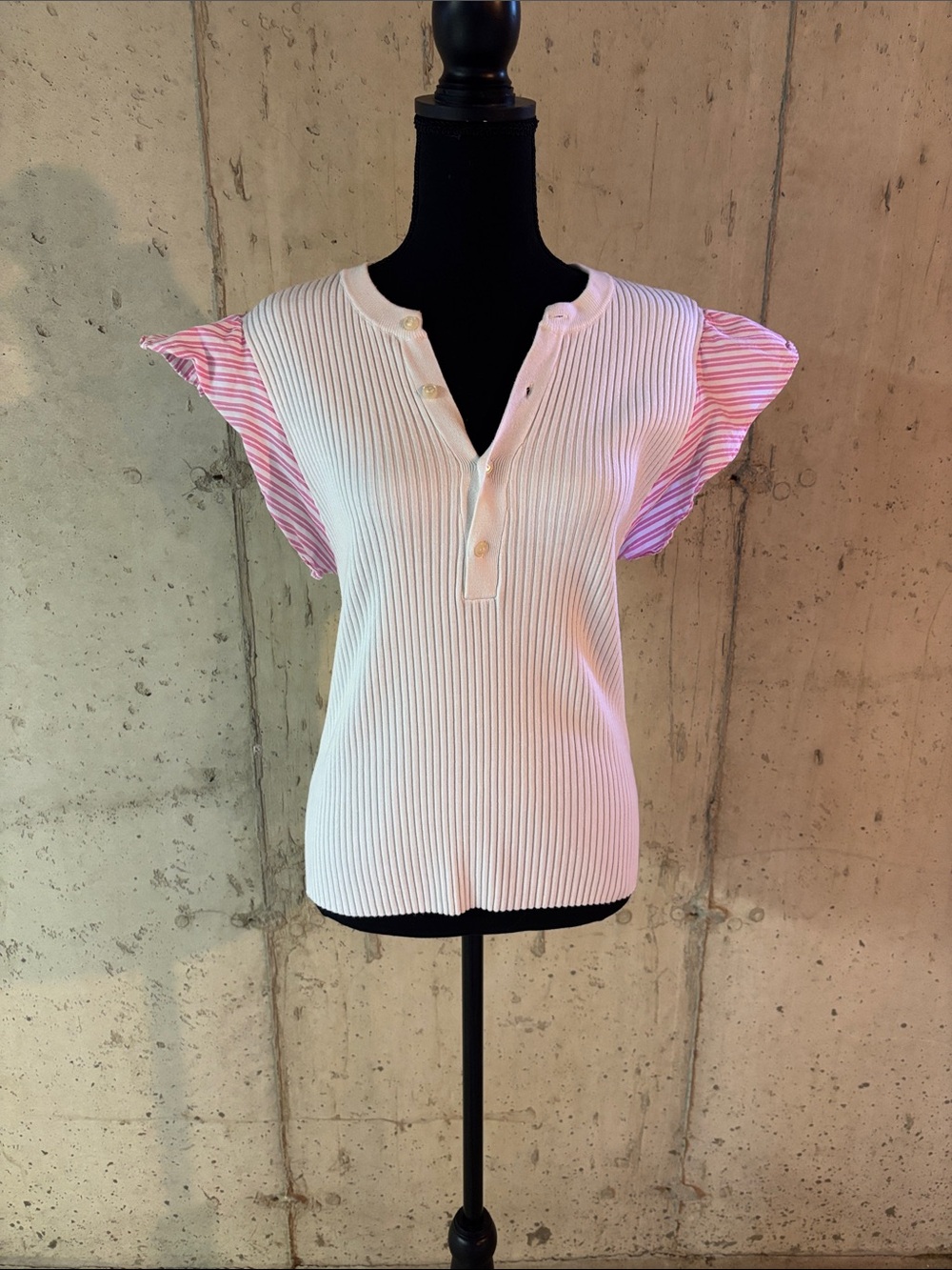 Central Park West White Ribbed Tee with Pink Stripe Ruffle Sleeves
